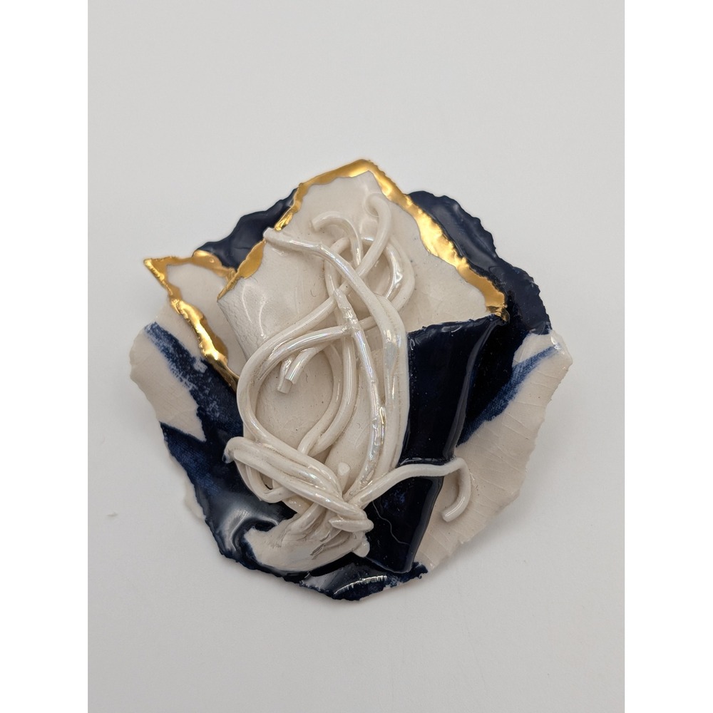 Vintage 80s Studio Ceramic Brooch Cobalt Blue White Gold Lustre Abstract Art Pin